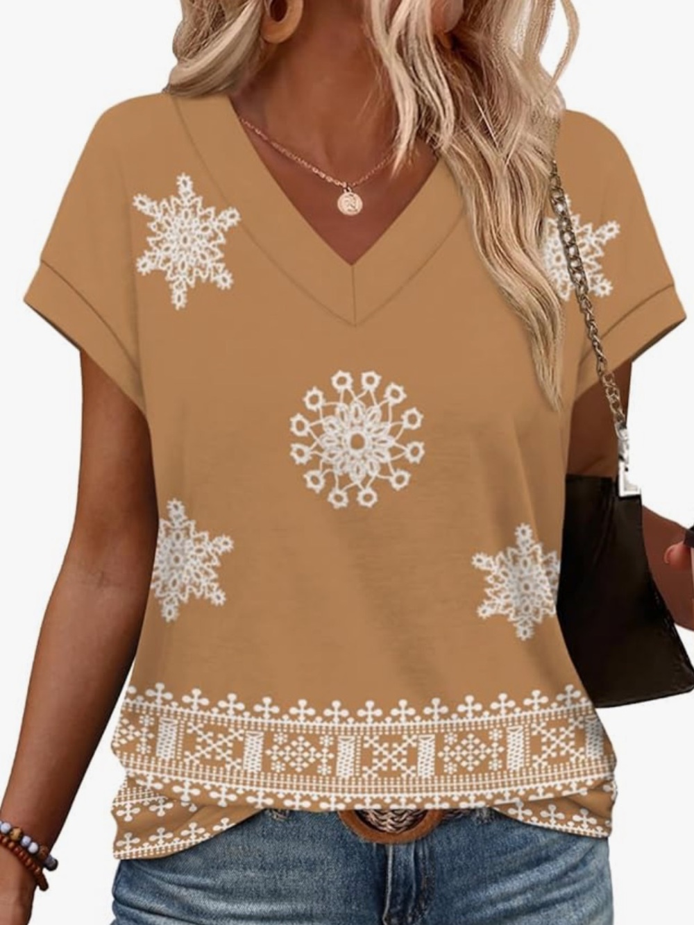 Chic Nation Tan V-Neck Short Sleeve boho Print Top